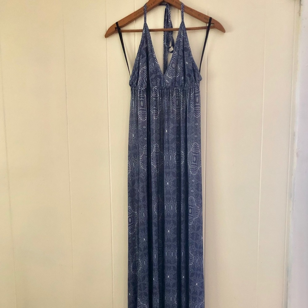 Indigo, floor-length, patterned dress by Alexie